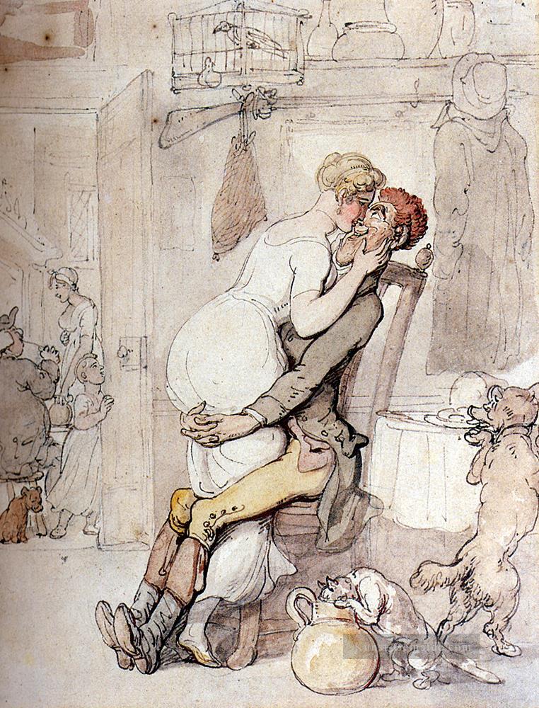Ein Kuss in der Küche Karikatur Thomas Rowlandson Ölgemälde